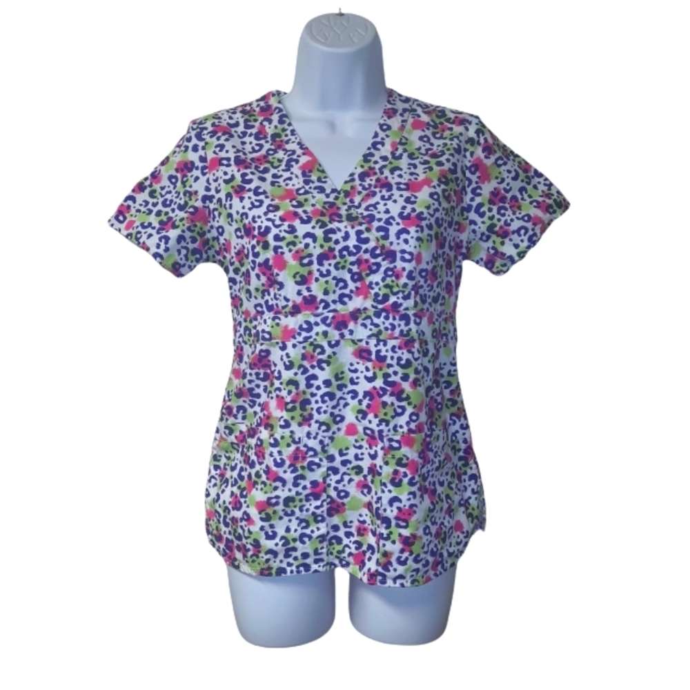 Grey's Anatomy White, Pink, Purple& Lime Colored Leopard Print Scrub Top
